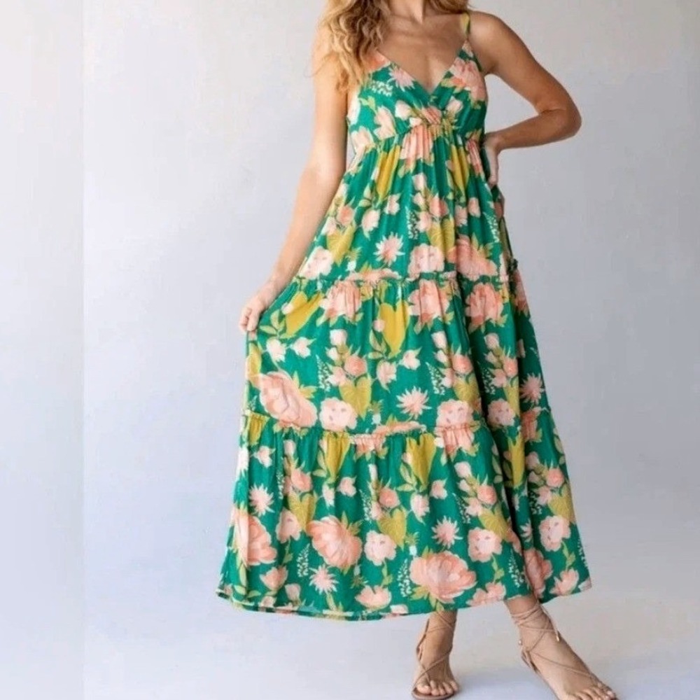 NWT Natural Life Ella Tiered Maxi Dress Green Floral Womens L Surplice Sundress